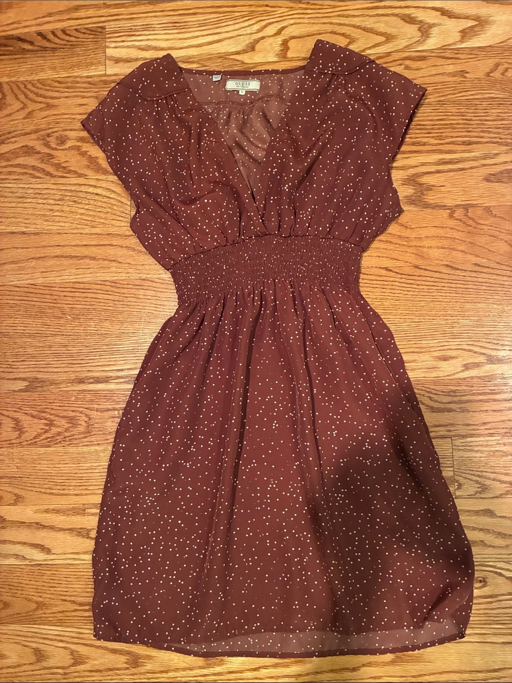 Guess size small Rust Brown Dot Smocked-Waist Mini Dress